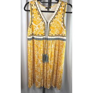 Women's Cupio Sleeveless Dress Paisley Print‎ Tassel Detail Boho Yellow Size S